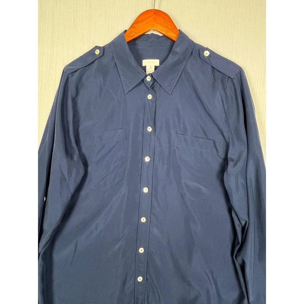 Chico's Button Down Women Size 3 Navy Blue Utility Epaulette Modal Blend‎ Shirt
